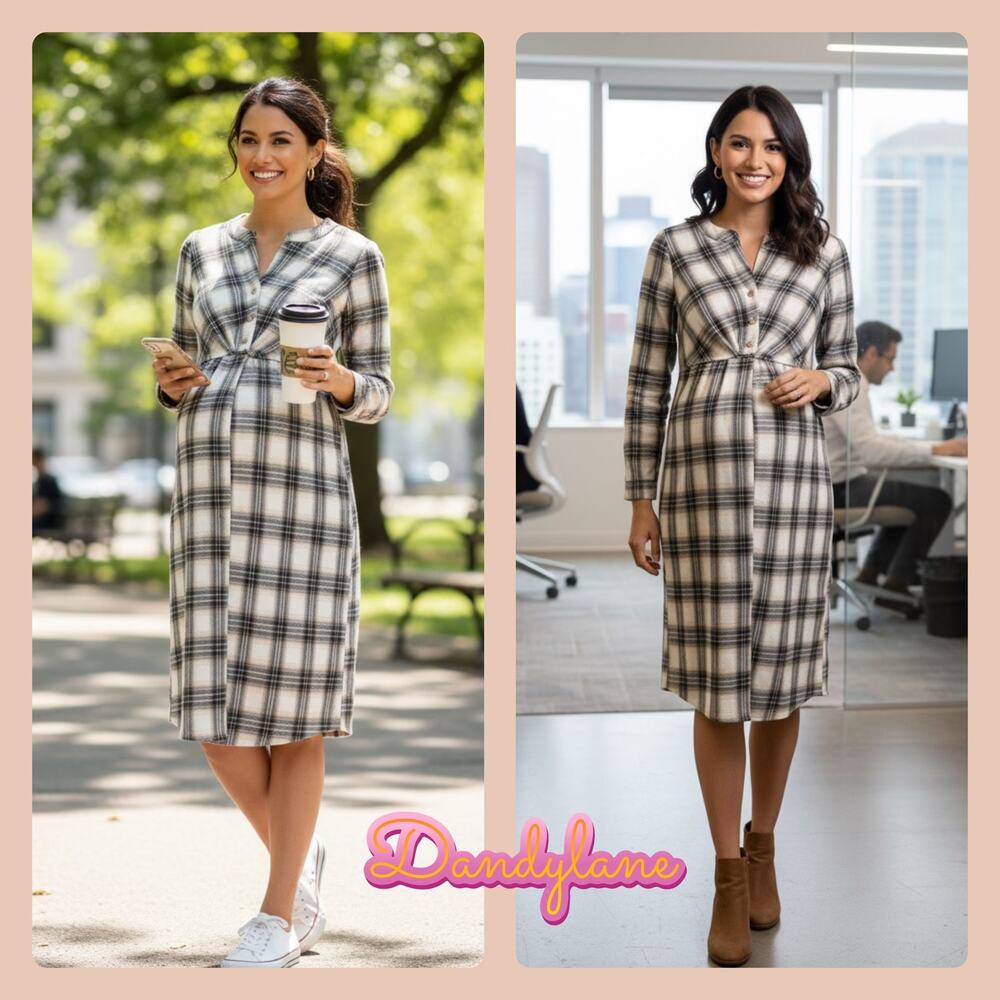 Maternity Nursing Cream and Blue Plaid Button Roll Tab Dress Size Medium